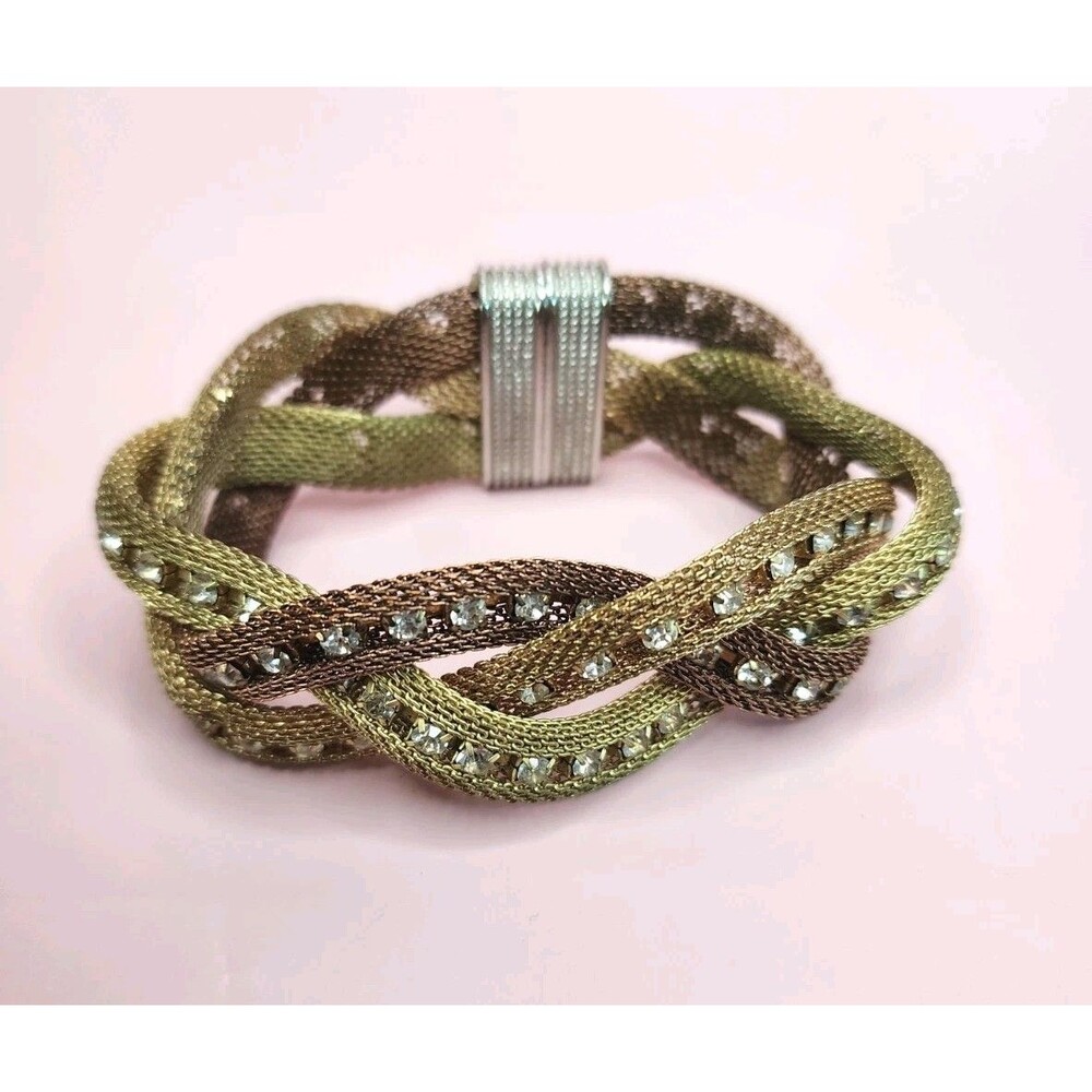 Vintage Gold 3 Tone Mesh And Rhinestone Braided Magnetic Bracelet Classy Dressy